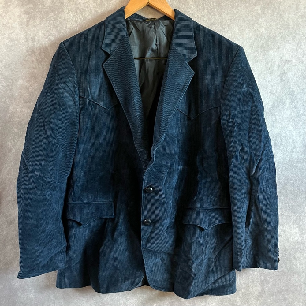 Sheplers Blazer Men 44R Blue Corduroy Sports Coat Leather Patch Rockabilly Retro